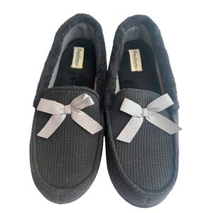 Dearfoams Black Corduroy Slippers Women Large Wide Bow Cozy Comfort Size 9/10